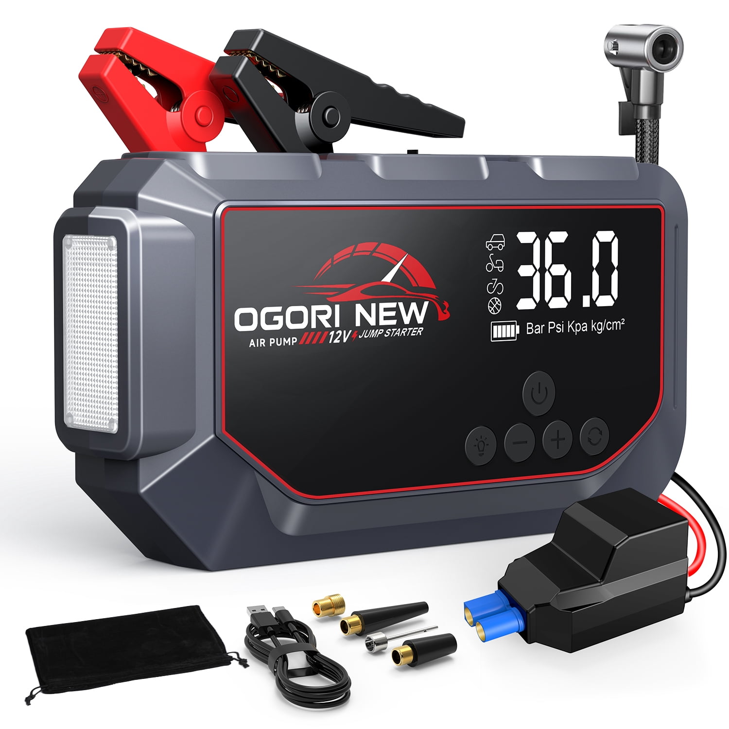 OGORI 7000A Car Jump Starter with Air Compressor 150PSI, 12V Portable Jump Box Battery Booster Charger (Up to 10.0L Gas/8.0L Diesel), Car Jumper Starter with LCD Display & 3-in-1 Emergency LED Light