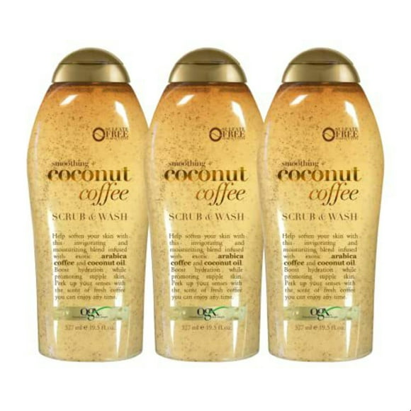 OGX Smoothing + Coconut Coffee Exfoliating Body Scrub with Arabica Coffee  Coconut Oil, Moisturizing Body Wash for Dry Skin, Paraben-Free with Sulfate-Free Surfactants, 19.5 Fl Oz (pack of 3)