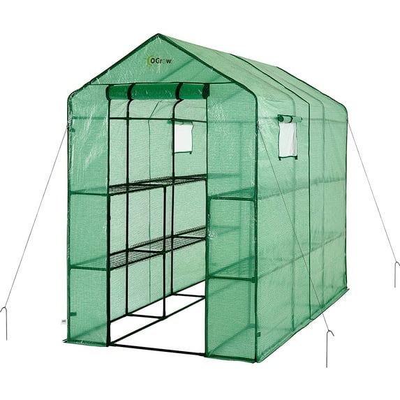 OGrow Mini Walk In Greenhouse for Outdoors Portable Green House 2 Tiers 12 Shelves 15lbs
