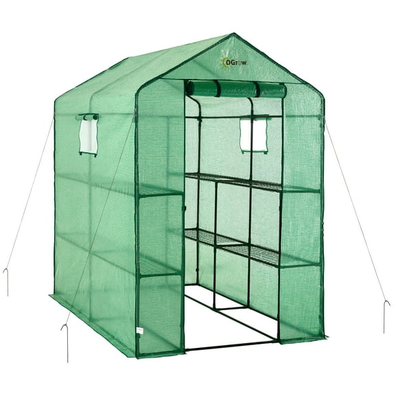 OGrow Mini Walk In Greenhouse for Outdoors Portable Green House 2 Tiers 8 Shelves 15lbs