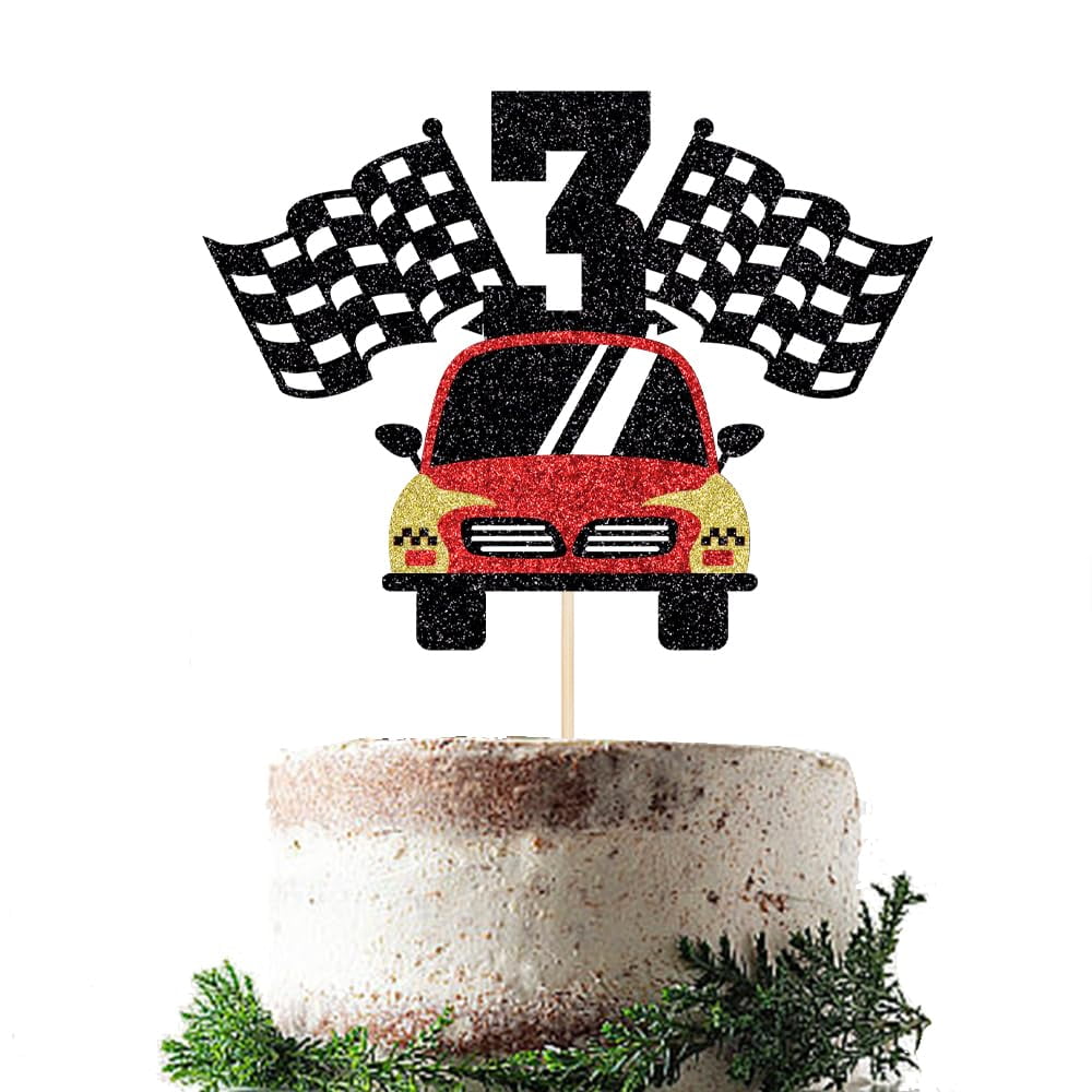 Vintage Race Car Cake Topper - Checkered Flag Birthday Decoration For Racing Theme Party - View #2
