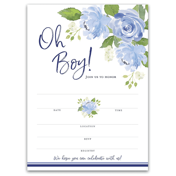 OH BOY!  Floral BABY SHOWER INVITATIONS Pack of 25  Garden Baby Shower Blank Fill-in INVITES, Flowers, Chic, Unique, Garden Invites, BLUE Baby BOY Sprinkle Invites, DIY Invites BLUE SKU I705-INV1
