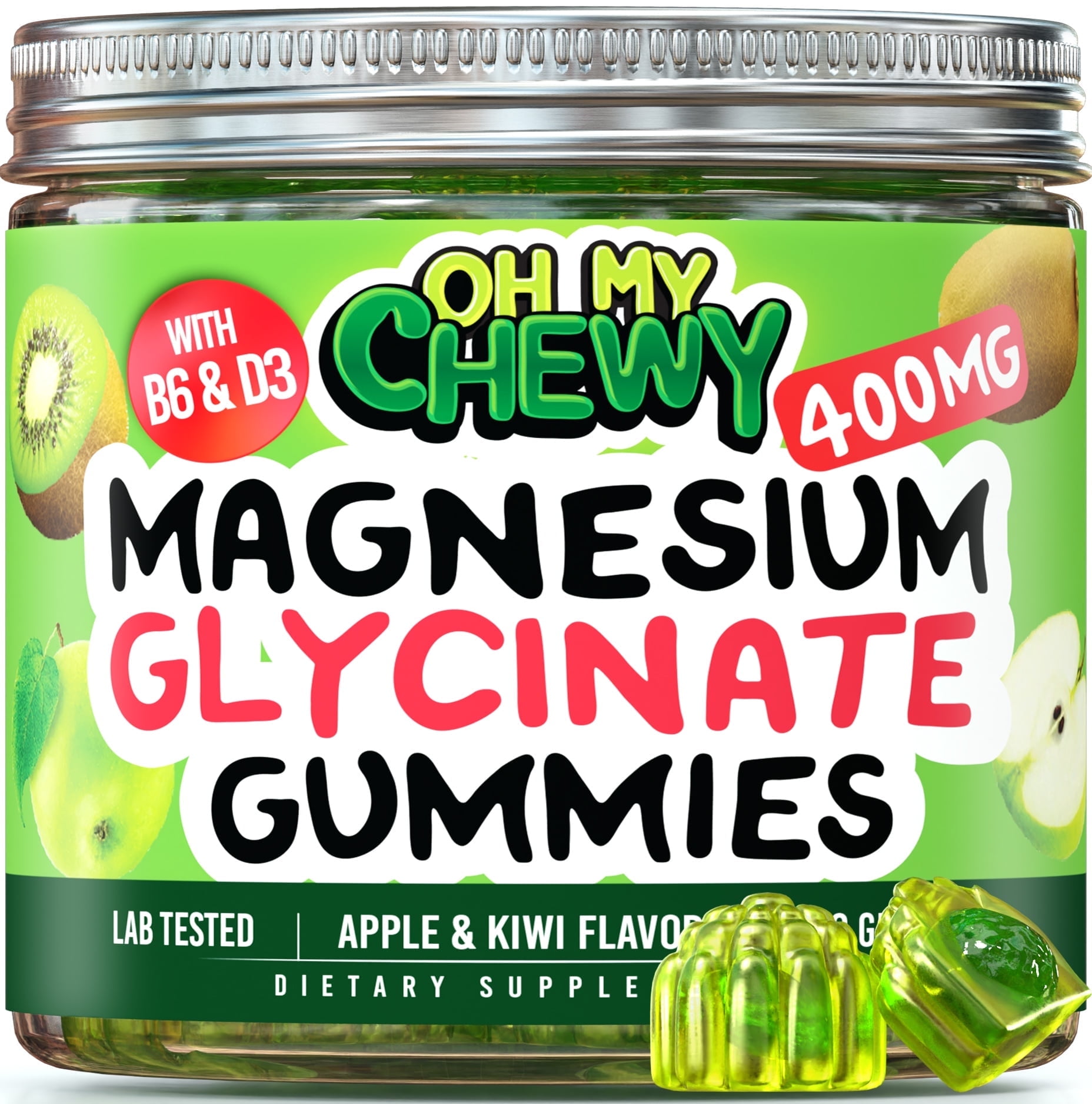 OH MY CHEWY Magnesium Glycinate Gummies 400MG for Adults & Kids - Supplement Gummy with B6 & D3 that Promotes Sleep Support and Calm Mood for Men and Women - 60 Chews with Apple & Kiwi