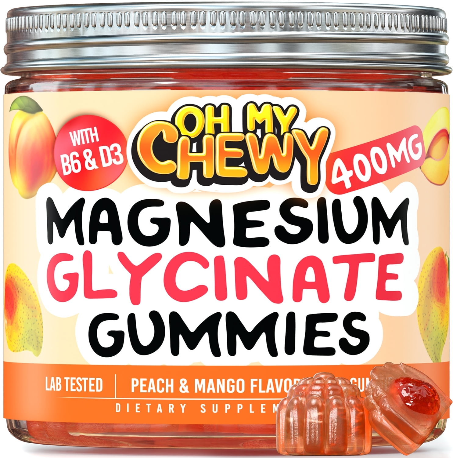 OH MY CHEWY Magnesium Glycinate Gummies 400MG for Adults & Kids - Supplement Gummy with B6 & D3 that Promotes Sleep Support and Calm Mood for Men and Women - 60 Chews with Peach & Mango
