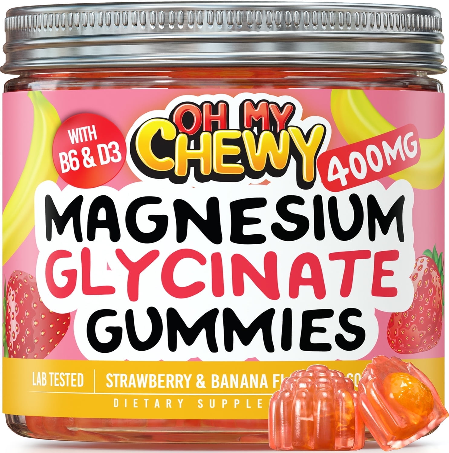 OH MY CHEWY Magnesium Glycinate Gummies 400MG for Adults & Kids -Supplement Gummy with B6 & D3 that Promotes Sleep Support and Calm Mood for Men and Women - 60 Chews with Strawberry & Banana