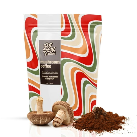 OH HEY BRANDS Mushroom Coffee Blend – Medium Roast with Lion's Mane & Chaga – 12oz, Cocoa & Earthy Notes , No Mushroom Flavor , 100% USA Harvested