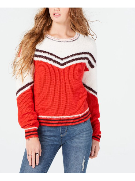 Ohmg Juniors Eyelash Trim Striped Sweater Flame Red L