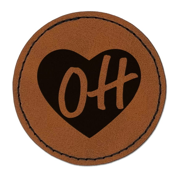 OH Ohio State in Heart 2.5" Faux Leather Round Engraved Iron-On Patch - Brown