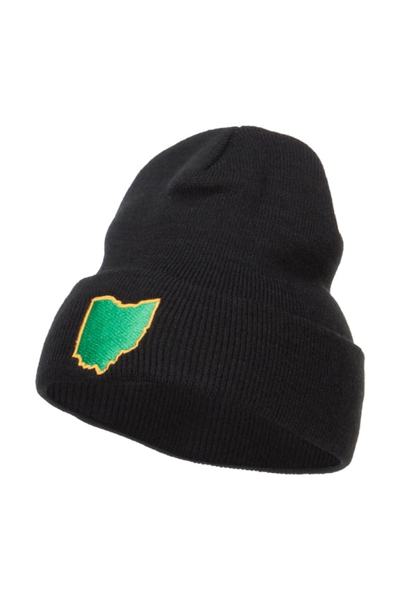 OH State Map Embroidered Long Beanie - Black OSFM