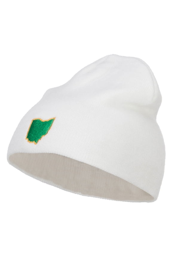 OH State Map Embroidered Short Beanie - White OSFM
