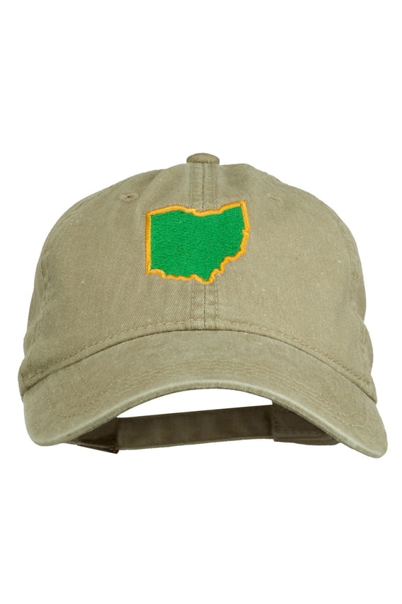 OH State Map Embroidered Washed Cotton Cap - Khaki OSFM