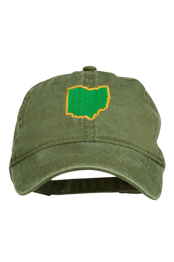 OH State Map Embroidered Washed Cotton Cap - Olive Green OSFM