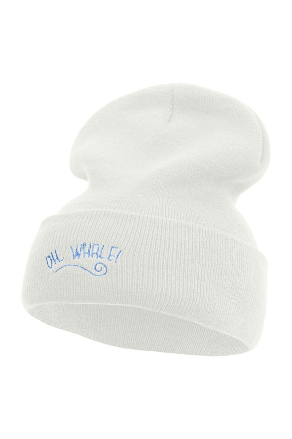 OH Whale Embroidered 12 inch Acrylic Blank Cuff Long Beanie - White OSFM