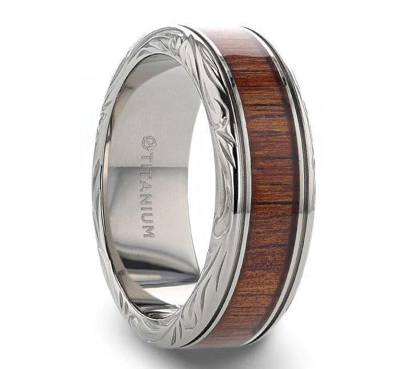 OHANA Koa Wood Inlaid Titanium Men’s Ring with Intricate Edges ...