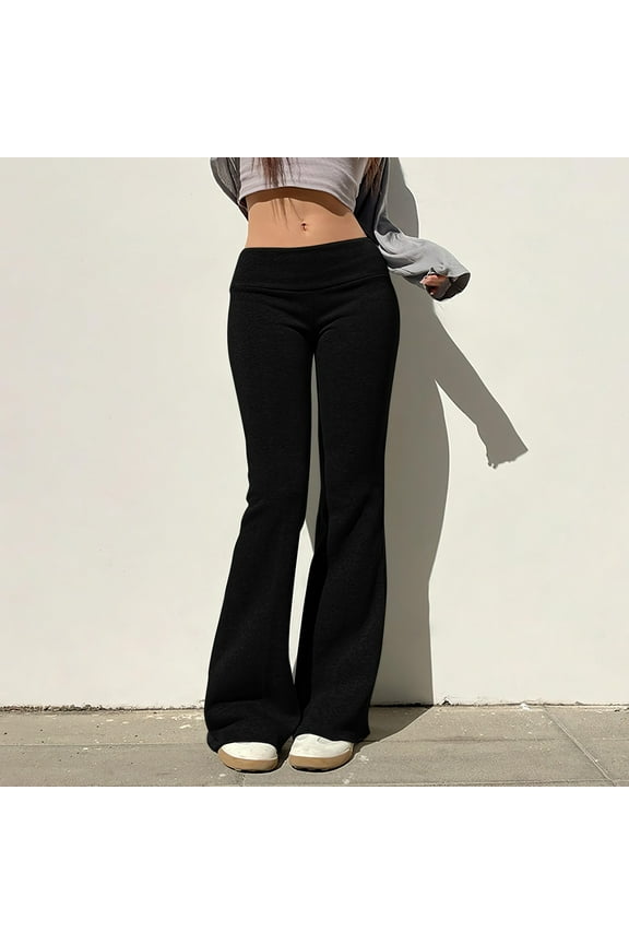 Flare Black Leggings,Womens Black Flare Leggings,Fold Over Flare Leggings,High Waisted Flared Leggings For Women,Black,M