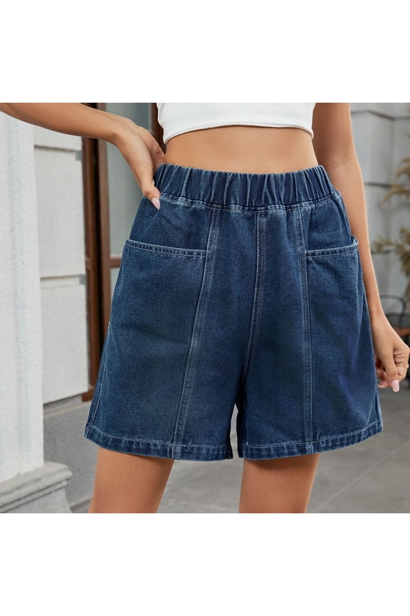 Jean Shoets, Jorts Womens, Shorts Denim Woman, Women’s Stretch Waist Casual Mid-Rise Denim Shorts with 2 Front Pockets - Loose-Fit Summer Wide-Leg Denim Shorts - Dark Blue - L