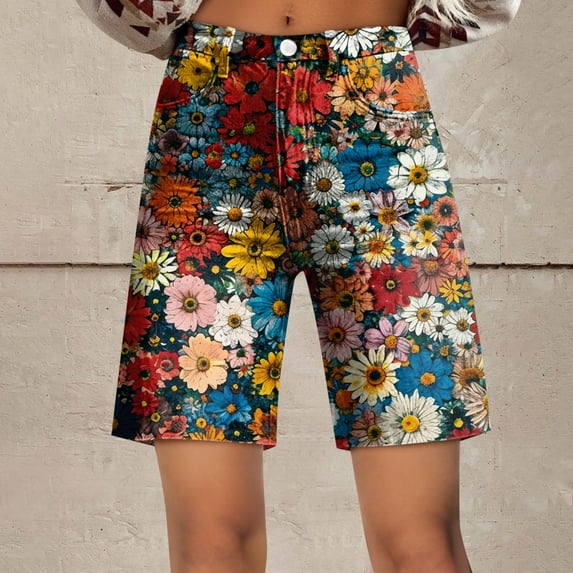 OHGOD Leopard Print Biker Shorts - Womens Medium Shorts - Flowy Shorts for Women Summer - Shorts for Women - Relaxed Fit Retro Floral Print Casual Shorts with Wide Legs for Women - Blue - XL