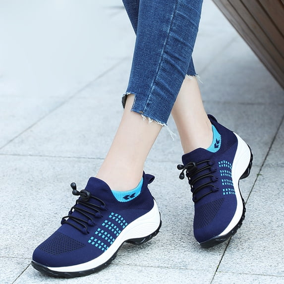 OHGOD Lightweight Sneakers for Women, Womens Tennis Shoes, Athletic Shoes Women, Women’s Air Cushion Flyknit Slip-On Sneakers - Stylish and Comfortable Casual Shoes - Blue - 8.5
