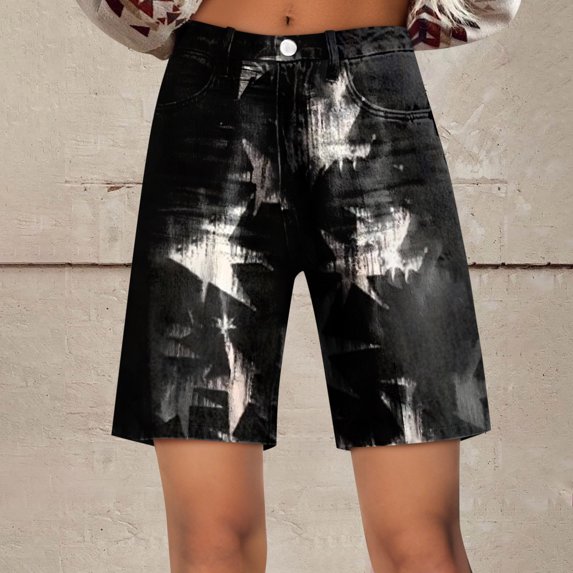 OHGOD Vacation Shorts for Women, Patchwork Shorts Women, Womensshorts, Shorts for Women - Relaxed Fit Retro Floral Print Casual Shorts with Wide Legs for Women - Black - 2XL