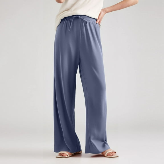 OHGOD Women Wide Leg Pants,Wide Leg Trousers,Linen Wide Leg Pants for Women,Women's Ice Silk High-Waisted Wide-Leg Pants,Straight Leg,Textured Casual Trousers,Blue, XL