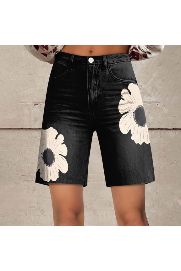 Womens Board Swim Shorts, Daisy Shorts, Black Board Shorts Women, Women’s Fashionable Casual Vintage Floral Stripe Printed Wide-Leg Shorts - Tropical Summer Shorts - Black - XL