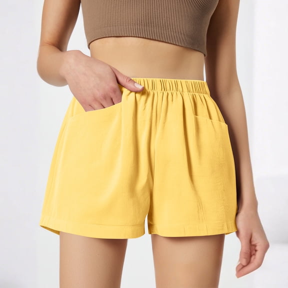 OHGOD Womensshorts, Sweatpant Shorts Women, Cotton Shorts for Pockets for Women, Women's Dresses - Loose Fit Cotton-Linen Casual Dress with Pockets for Relaxed Summer Vibes - Yellow - M