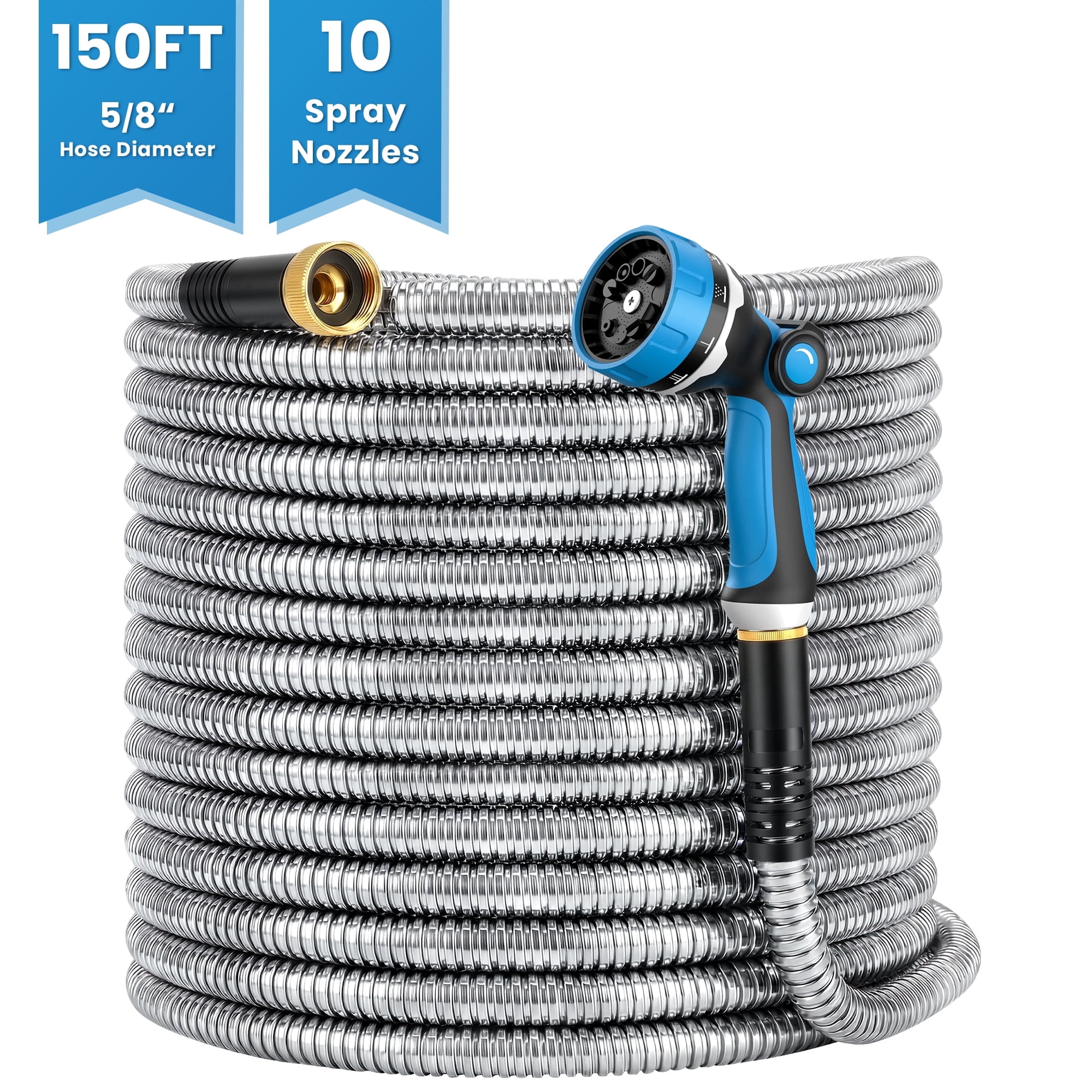 OHHANI Garden Hose 5/8" x 150ft with 10 Function Nozzle Stainless Steel Heavy-Duty Water Hose No Kink for Large Yard, Farm