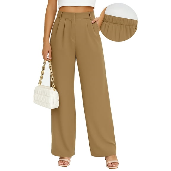 OHHSHEEN Black Wide Leg Pants for Women with Pockets – High Waist Pull-On Work Pants, Comfy Business Casual Trousers with Elastic Waistband