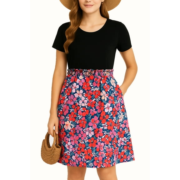 Women's Midi A-Line Dress – Short Sleeve Casual Summer Dress with Pockets, Flowy Floral Sundresses for Women 2025