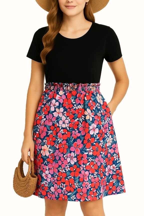 Women's Midi A-Line Dress – Short Sleeve Casual Summer Dress with Pockets, Flowy Floral Sundresses for Women 2025