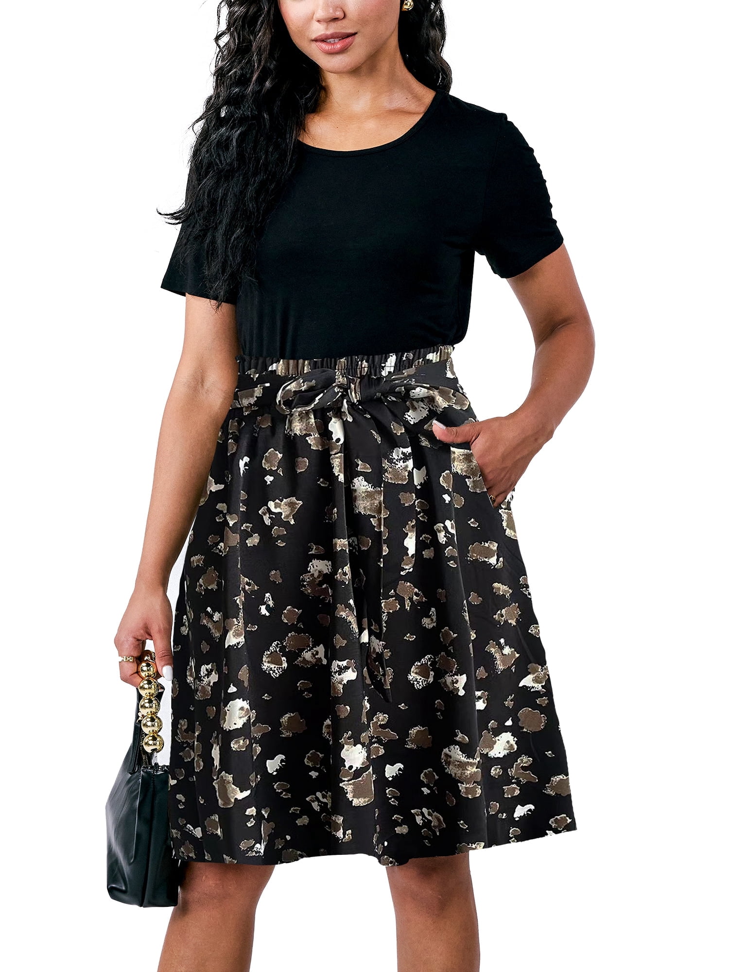 Ohhsheen Casual Dresses for Women, Summer Loose Floral Midi Dress with Pocket, Short Sleeve A-Line Dress