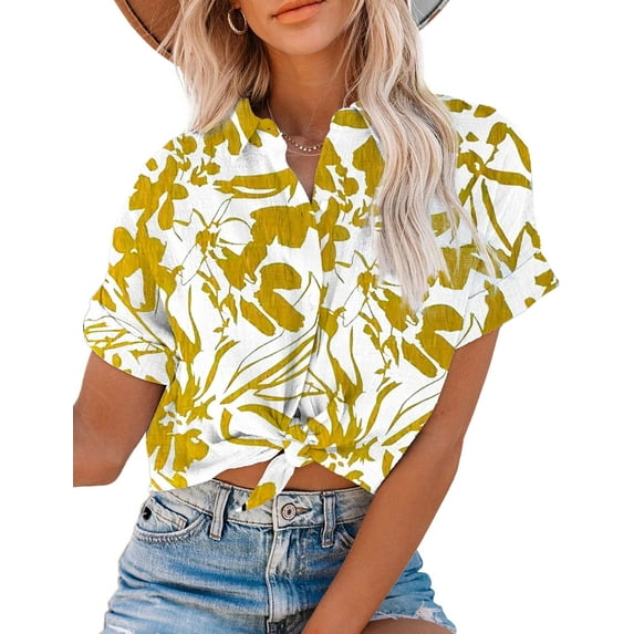OHHSHEEN Chic Women's Button Down Shirts Linen Blouse with Collar, Casual Short Sleeve Blouse for women, Dressy Top for Women