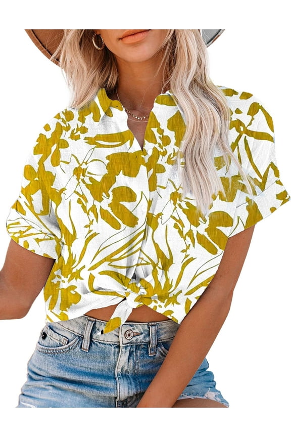 Chic Women's Button Down Shirts Linen Blouse with Collar, Casual Short Sleeve Blouse for women, Dressy Top for Women