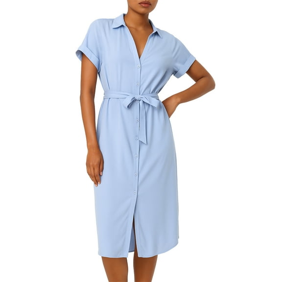 OHHSHEEN Summer Dresses for Women 2025 – Button Down Shirt Dress with Belt, Casual Knee Length Short Sleeve Midi Dress with Pocket