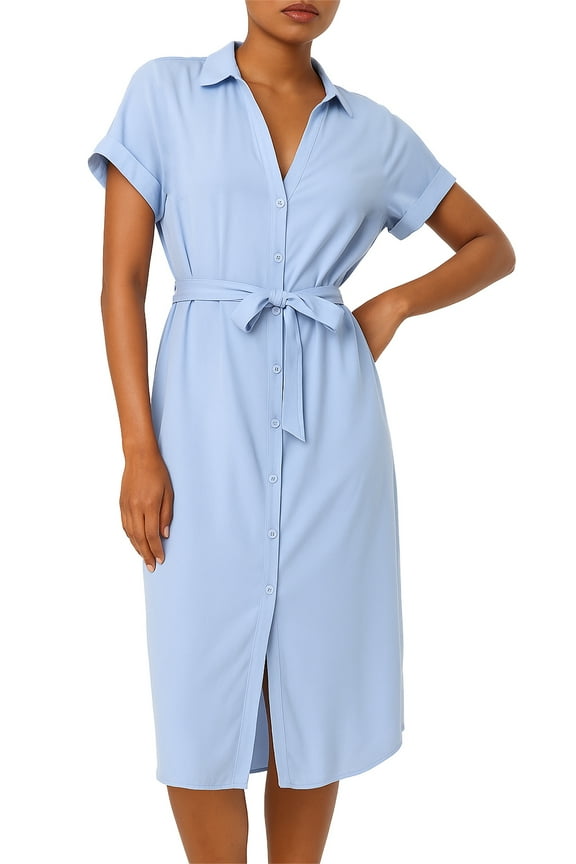 Summer Dresses for Women 2025 – Button Down Shirt Dress with Belt, Casual Knee Length Short Sleeve Midi Dress with Pocket