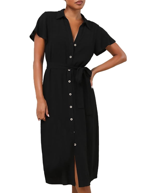 Summer Dresses for Women 2026 – Button Down Shirt Dress with Belt, Casual Knee Length Short Sleeve Midi Dress with Pocket