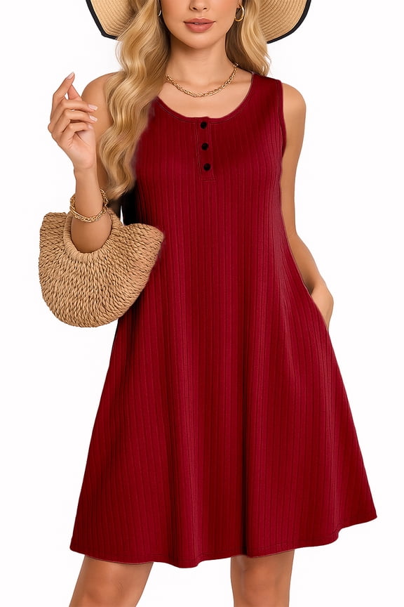 Sleeveless Summer Dress for Women – Ribbed Knit A-Line Mini Dress Knee Legnth, Casual Vacation Beach Dress for Women 2025