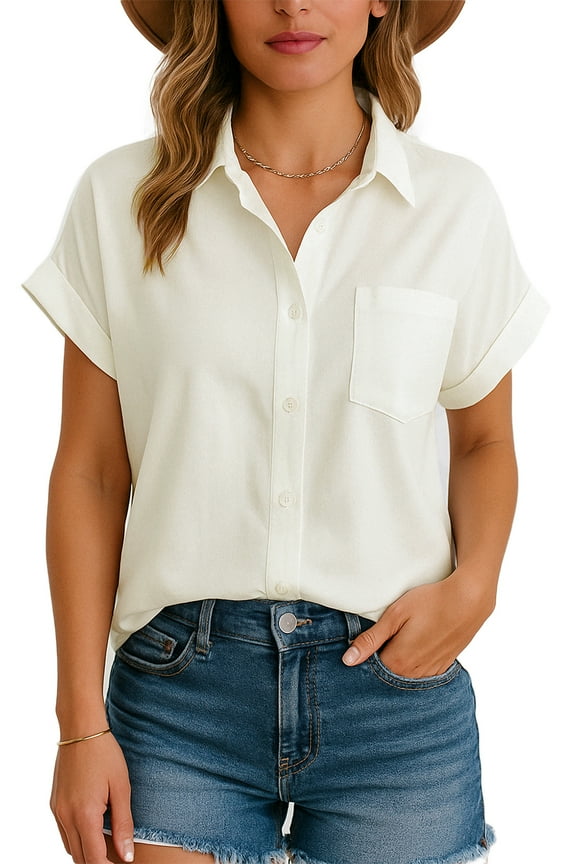Women's Button Down Shirts – Short Sleeve V Neck Blouses for Women, Work Shirts Office Casual Tops