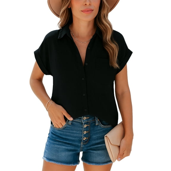 OHHSHEEN Women's Button Down Shirts – Short Sleeve V Neck Blouses for Women, Work Shirts Office Casual Tops
