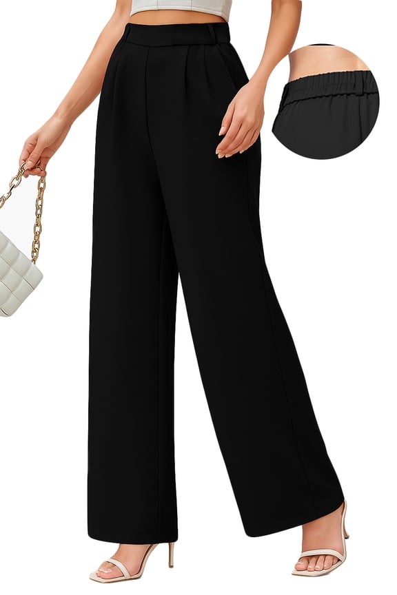 Black Wide Leg Pants for Women with Pockets – High Waist Pull-On Work Pants, Comfy Business Casual Trousers with Elastic Waistband