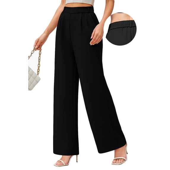 OHHSHEEN Black Wide Leg Pants for Women with Pockets – High Waist Pull-On Work Pants, Comfy Business Casual Trousers with Elastic Waistband