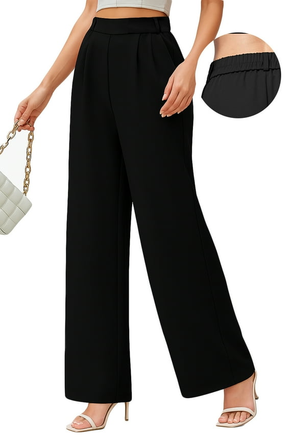 Black Wide Leg Pants for Women with Pockets, Comfy Work Pants Women with Elastic Waist, High Waist Black Pants Women