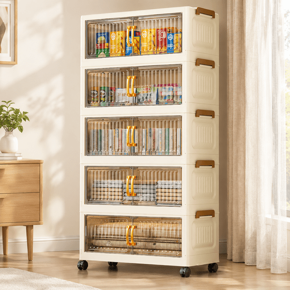 IRINNA Storage Bins with Lids - Folding Storage box with Doors and Wheels, Collapsible Plastic Storage Bins for Closets, Stackable Storage Organizer, Storage Containers for Closet