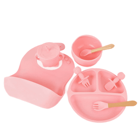 OHHSUN 8 Pack Silicone Baby Feeding Set, Baby Led Weaning Supplies Set, Complete BPA Free Silicone Baby Feeding Set, Eating Supplies with Infant Suction Bowl Plates Bowl Cup Spoon & Fork- Pink