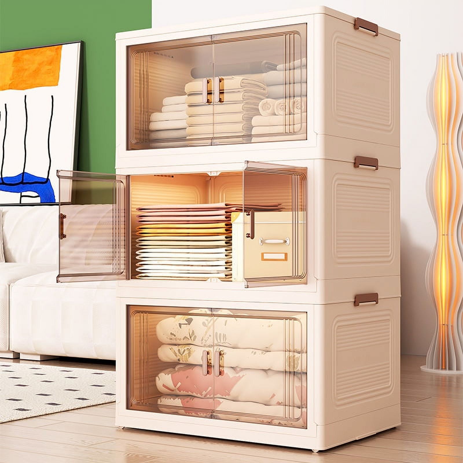 OHHSUN Folding Storage Bins 3 Tier, with Clear Doors Stackable