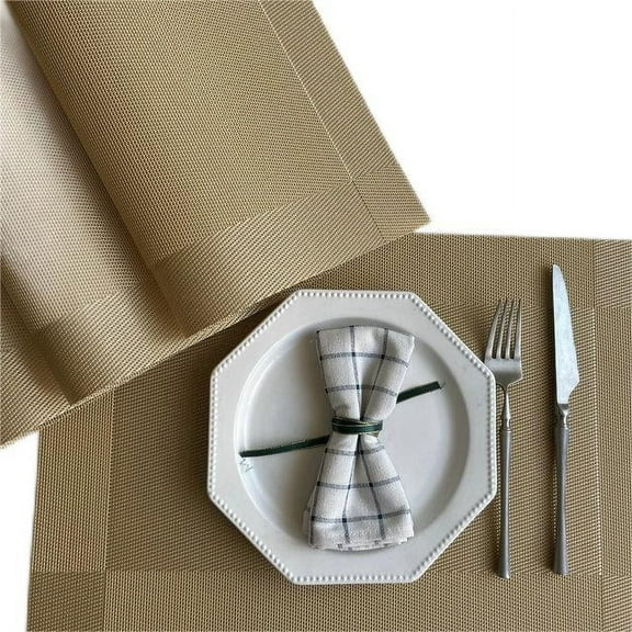 OHHSUN Placemats, Set of 6 placemats Washable Heat Resistant Non-Slip Heatproof PVC Weave Table Mats, 18"X12" for Kitchen Dining Party Holiday Indoor Outdoor, Gold