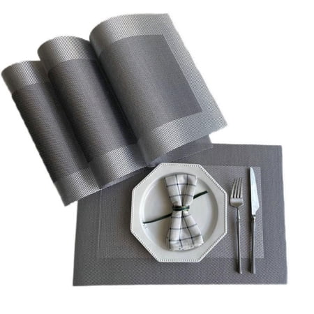 OHHSUN Placemats, Set of 6 placemats Washable Heat Resistant Non-Slip Heatproof PVC Weave Table Mats, 18"X12" for Kitchen Dining Party Holiday Indoor Outdoor, Silver