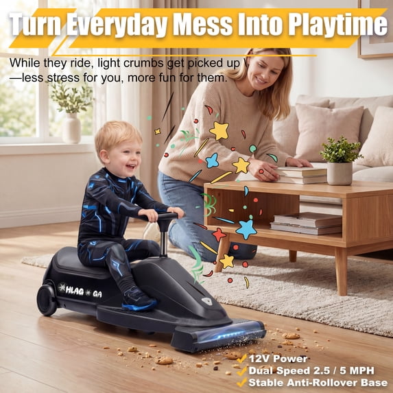 OHLAGOGA Indoor Kids Vacuum Racer: 12V Electric Anti-Rollover Wiggle Car - 2.5/5 MPH Adjustable Safe Speed - Quick 5-Min Install - 1 Charge Cleans Up to 2000 sq ft - Gift for 3+