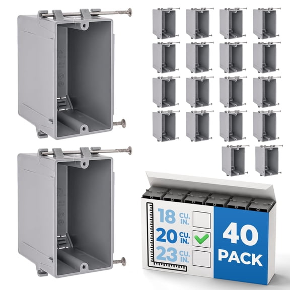 OHLECTRIC 1-Gang New Work Outlet Box, 20 Cubic Inch (40-Pack) Single Gang PVC Electrical Box Captive Nail Mounting, Non-Metallic PPO/PVC Plastic Construction Boxes GFCI Outlets Dimmers, UL/ETL Listed
