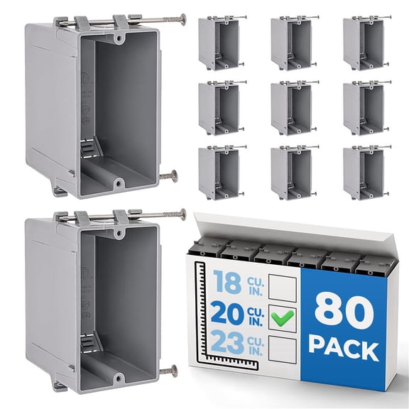 OHLECTRIC 1-Gang New Work Outlet Box, 20 Cubic Inch (80-Pack) Single Gang PVC Electrical Box Captive Nail Mounting, Non-Metallic PPO/PVC Plastic Construction Boxes GFCI Outlets Dimmers, UL/ETL Listed